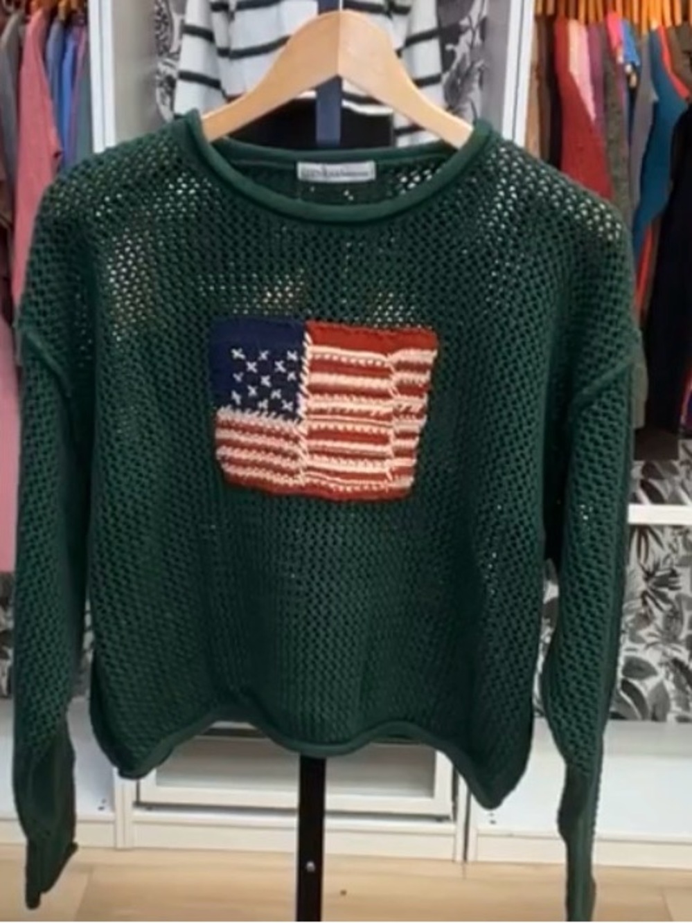 Zenana Outfitters Dark Green Open-Knit Sweater with Flag Patch